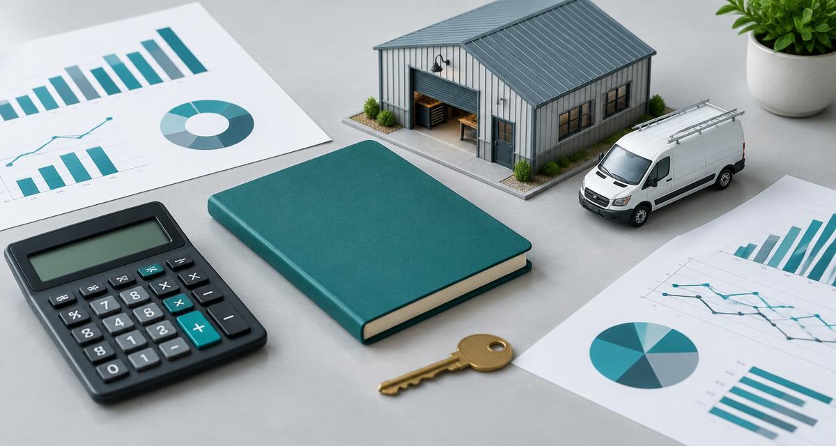 Illustration of business acquisition planning with a calculator, key, charts and model service business